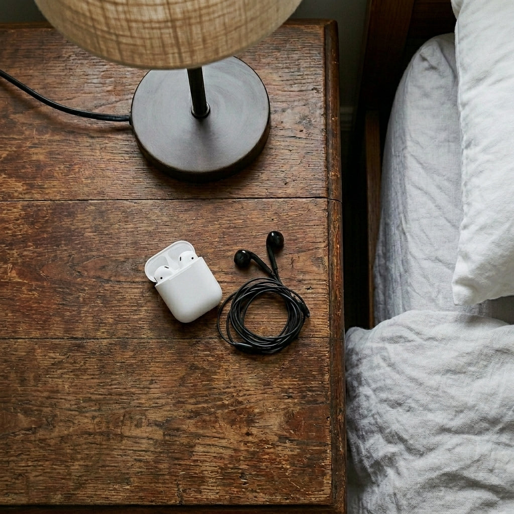Earbuds resting on a pillow